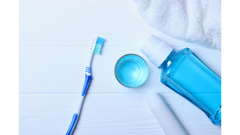 Flat composition for oral care and place for text on a light background.