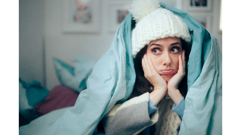 Unhappy Woman Feeling Cold Wearing Warm Winter Clothes Indoors