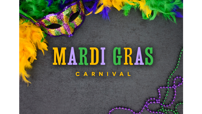 Mardi Gras Carnival Celebration Card Design Illustration with Masquerade Party Mask, Feather Boa and Beads