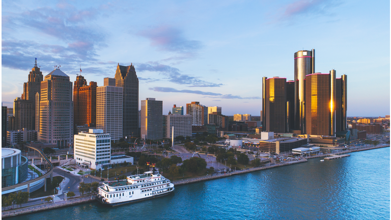 Detroit Michigan Downtown skyline Aerial Sunset