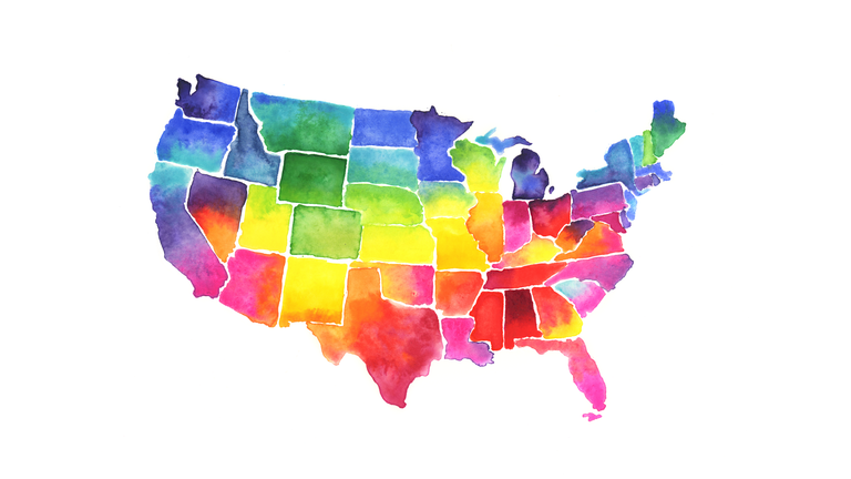 USA States Map Watercolor Painting