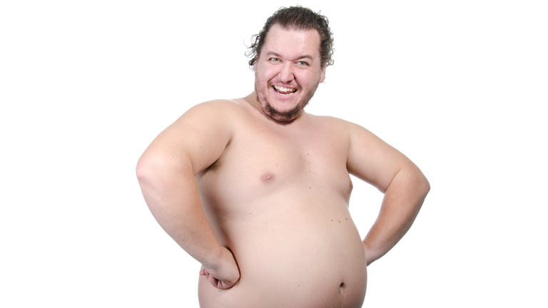 Funny overweight guy with a big belly.