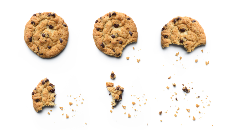 Steps of chocolate chip cookie being devoured. Isolated on white background.