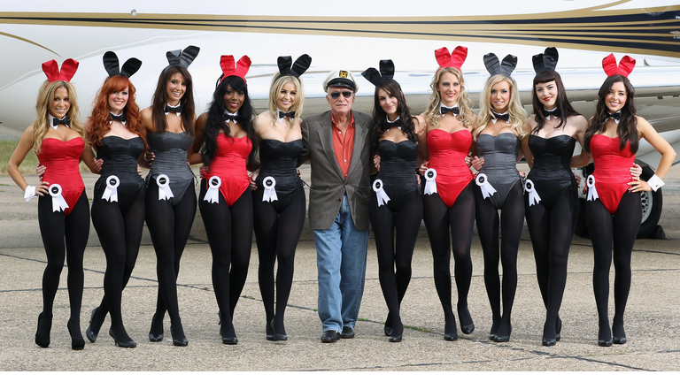 Hugh Hefner Arrives At Stansted Airport For Launch Of Playboy Club London