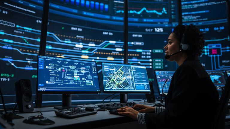 Professional IT Technical Support Specialists and Software Programmer Working on Computers in Monitoring Control Room with Digital Screens with Server Data, Blockchain Network and Surveillance Maps.