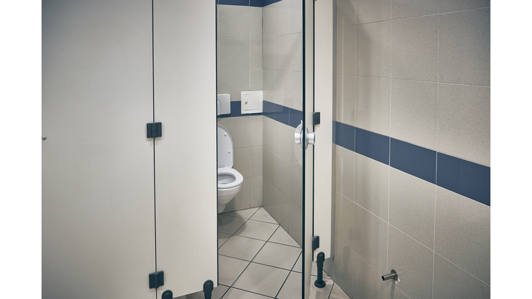 Open door of public toilet stall. Toilet bowl inside toilet stall