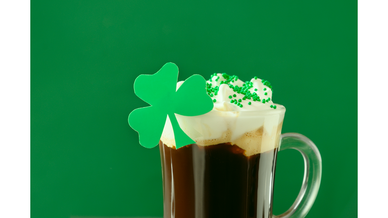 Irish coffee in green cup for St Patrick s Day.