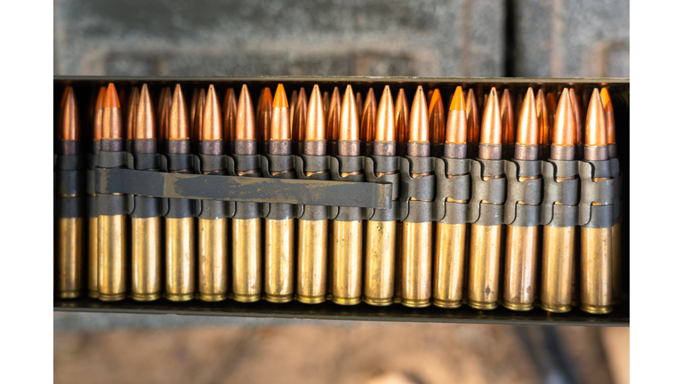 Row of heavy machine gun bullets.