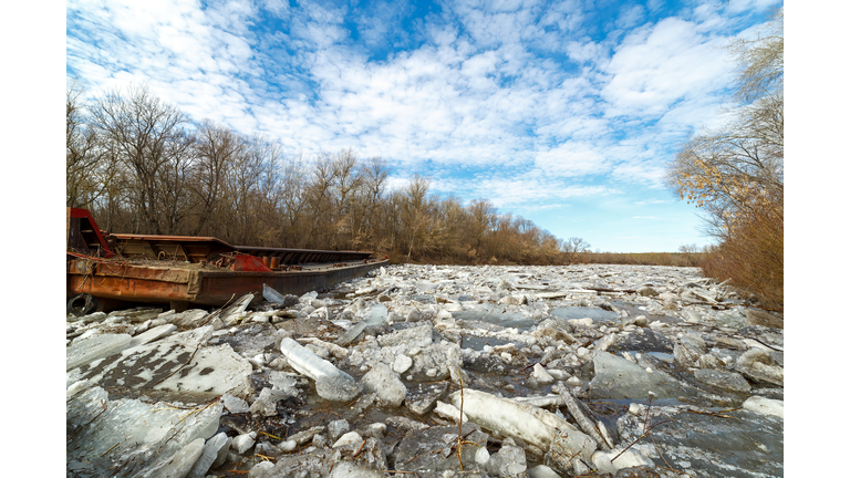 Of ice jams on the navigable river Don. Russia