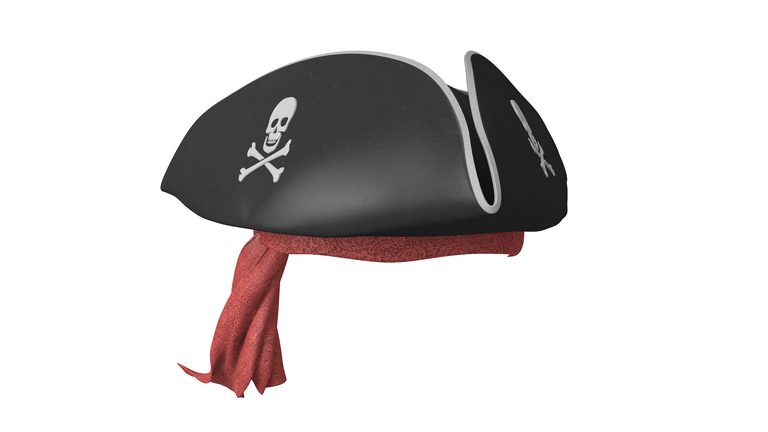 Pirate tricorn hat with skulls and a red bandana