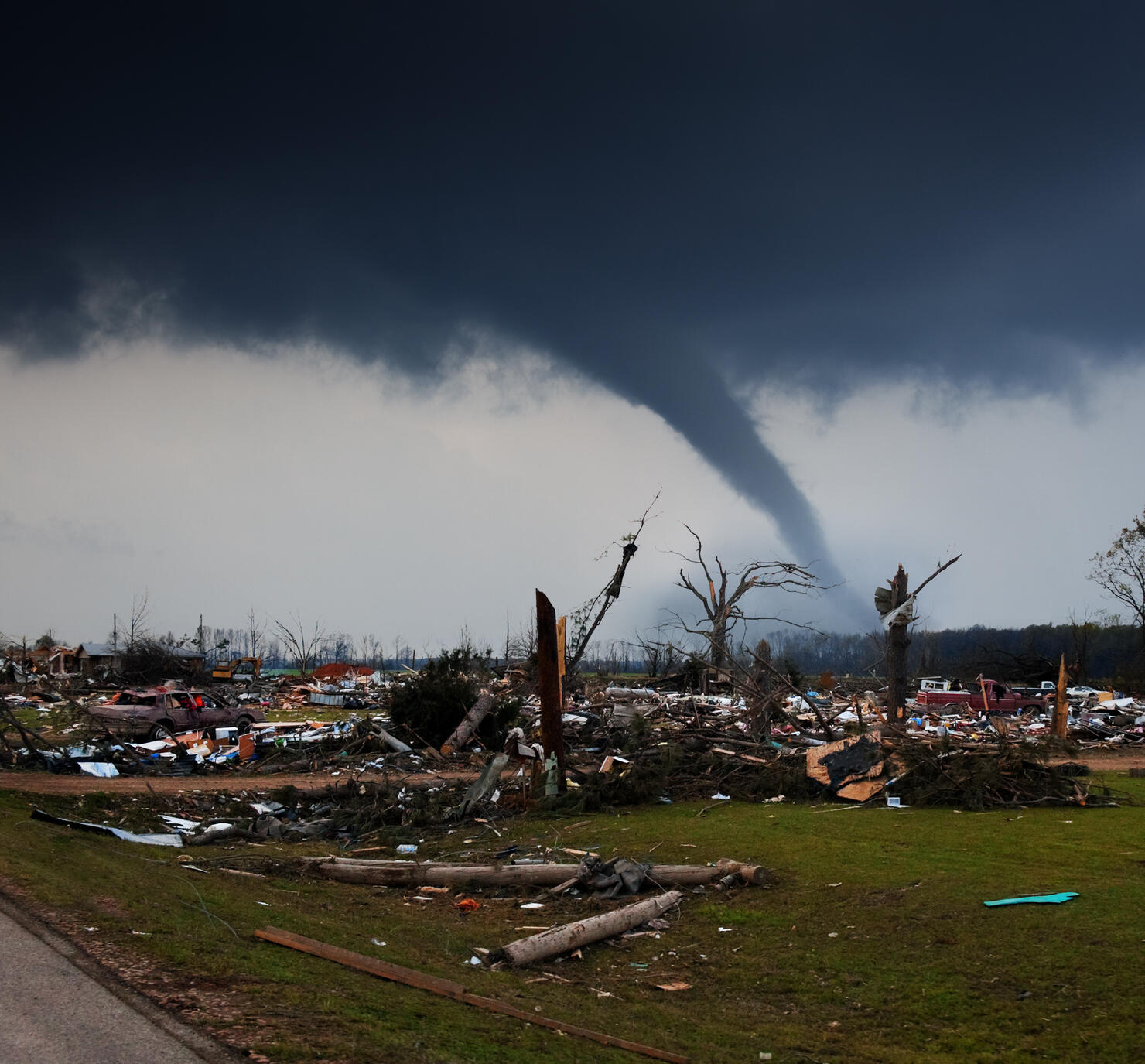 Disaster area with tornado