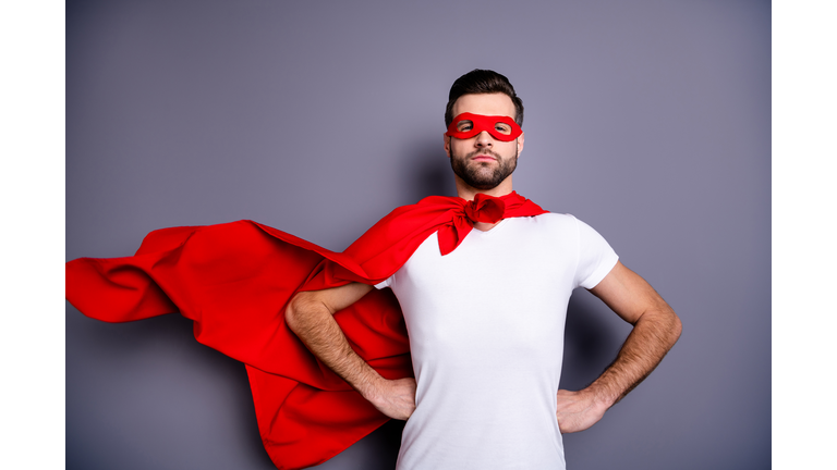 Portrait of his he nice-looking attractive content macho virile candid masculine brutal sportive perfect bearded guy hands on hips ready to rescue isolated over gray pastel background