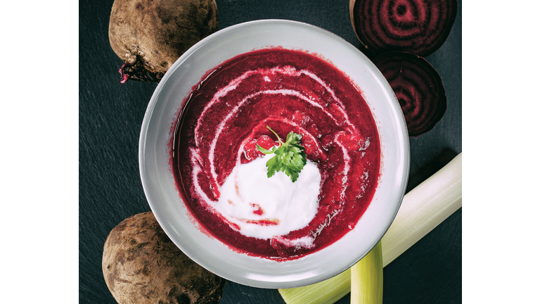 High Angle View Of Borscht Soup In Bowl On Table