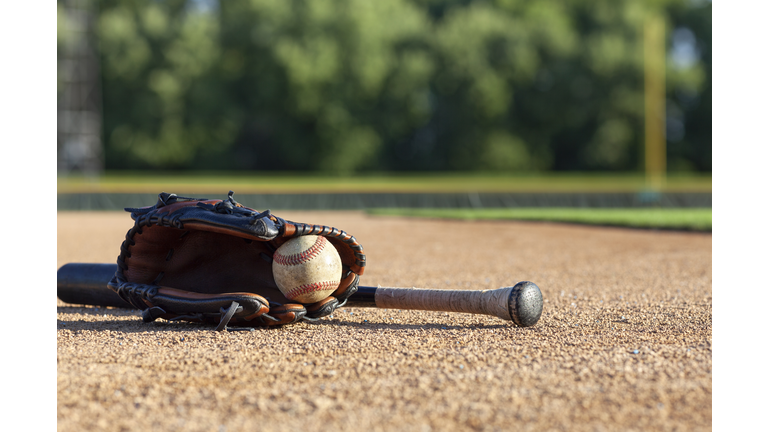 Baseball in a mitt with a black bat low angle selective focus view on a baseball field