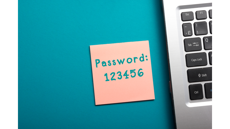 Easy Password Concept. Office table top view - Laptop and
