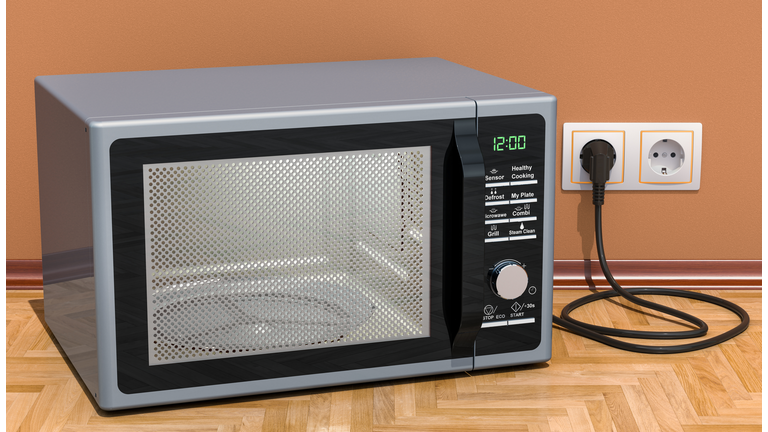 Modern Microwave in interior, 3D rendering