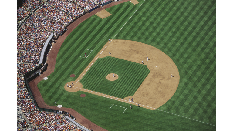 Baseball stadium during game, aerial view