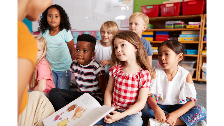 Group Of Elementary School Pupils Sitting On Floor Listening To Female Teacher Read Story