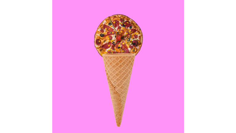 Group of slice of pizza on colored background