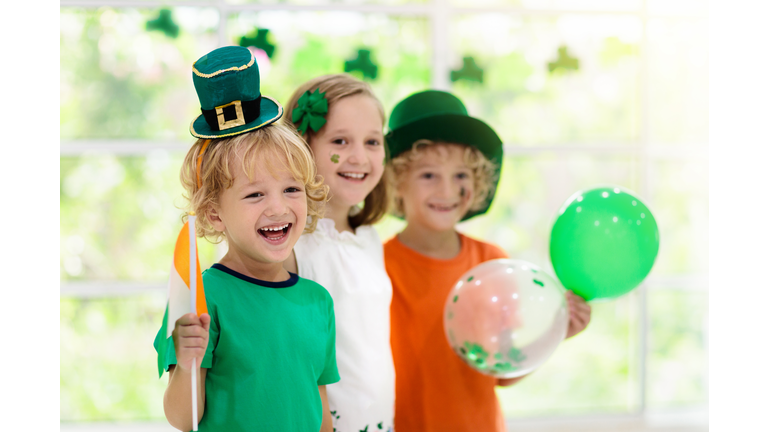 Kids celebrate St Patrick Day. Irish holiday.