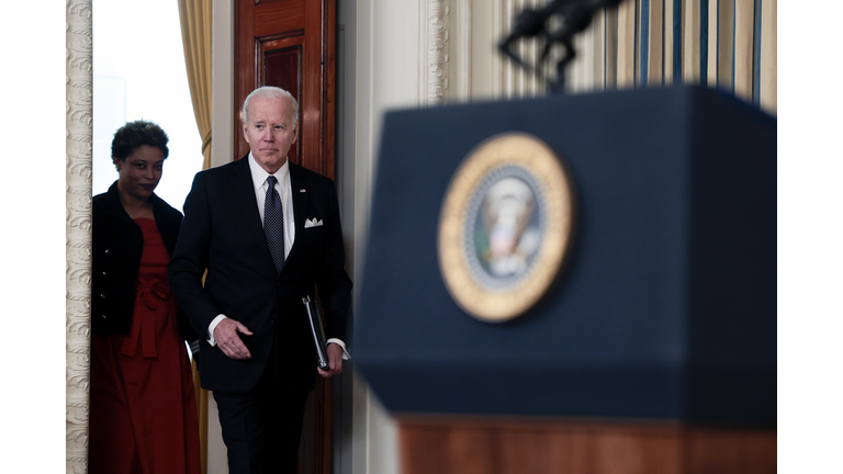 President Biden Announces His Budget For 2023 In State Dining Room Of White House