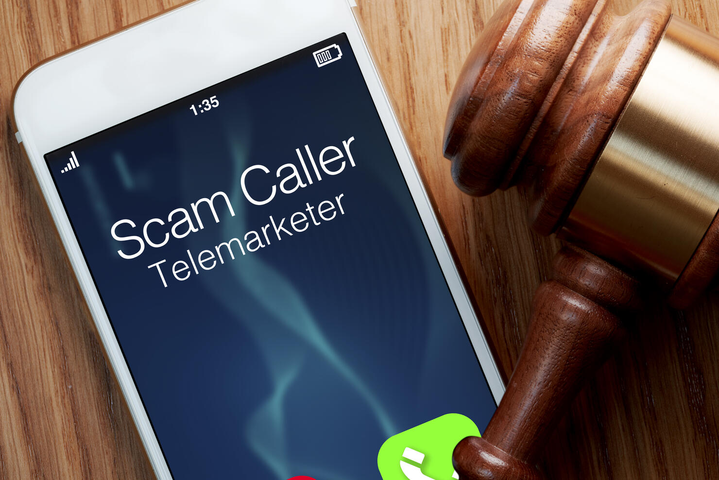 Telemarketer robocaller scam: legislation for smartphone with gavel