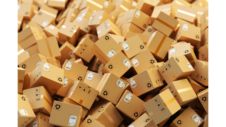 Distribution warehouse, package shipping, freight transportation, logistics and delivery concept