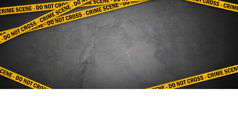 Yellow police line - do not cross on concrete wall background with copy space. Crime scene dark banner for true crime stories or investigations podcast.