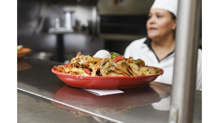 Nacho Plate in Kitchen of Mexican Restaurant