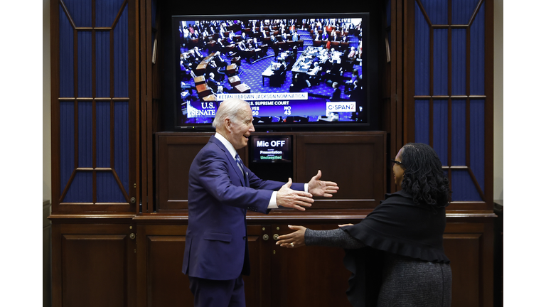 President Biden And Ketanji Brown Jackson Watch As Senate Votes On Supreme Court Nomination