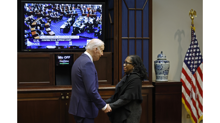 President Biden And Ketanji Brown Jackson Watch As Senate Votes On Supreme Court Nomination