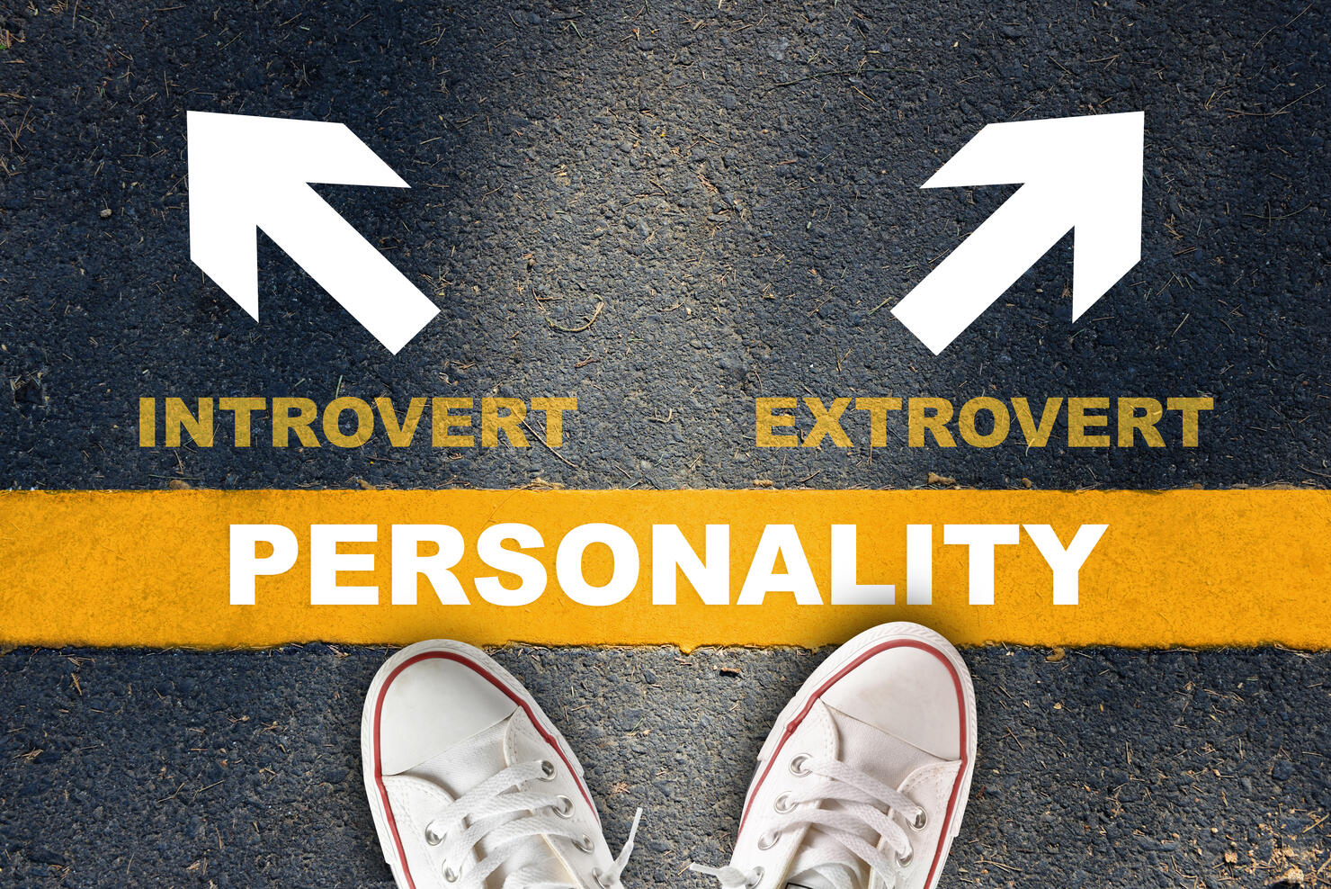 Personality written on yellow line with introvert and extrovert with white arrow on asphalt road