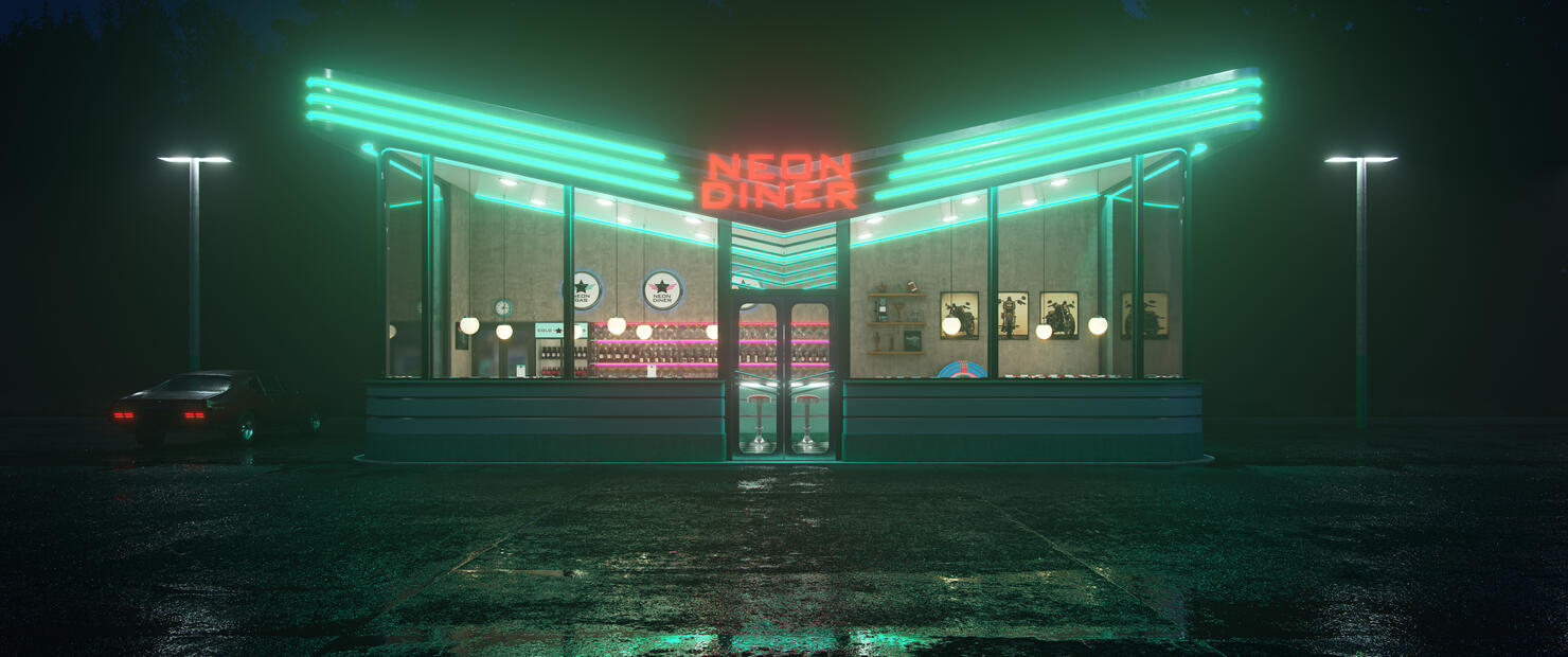 Neon diner and retro car late at night. Fog, rain and colour reflections on asphalt. 3d illustration
