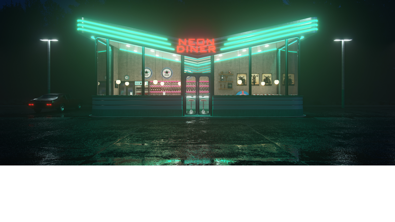 Neon diner and retro car late at night. Fog, rain and colour reflections on asphalt. 3d illustration