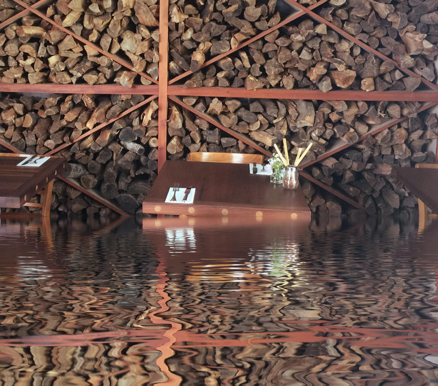Restaurant woodpile, tables