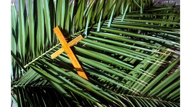 Wooden Cross on palm leafs Palm Sunday