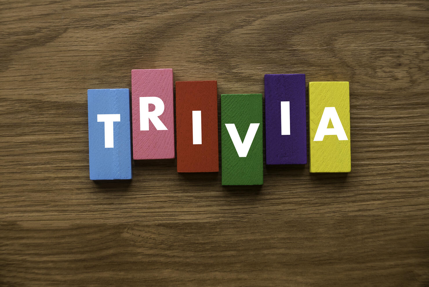 A colorful wooden block with text Trivia on wooden background.
