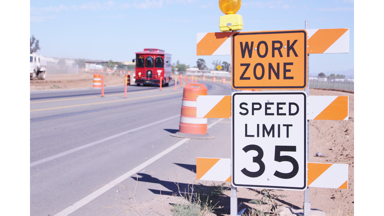 Work Zone sign and Speed Limit Sign on a Roadway Widening Project in Perris California