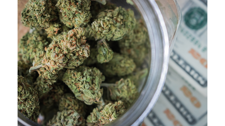 Directly Above Jar of Marijuana and Twenty Dollar Bills