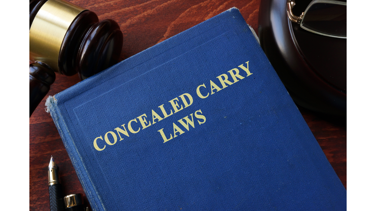 Concealed Carry Laws title on a book and gavel.