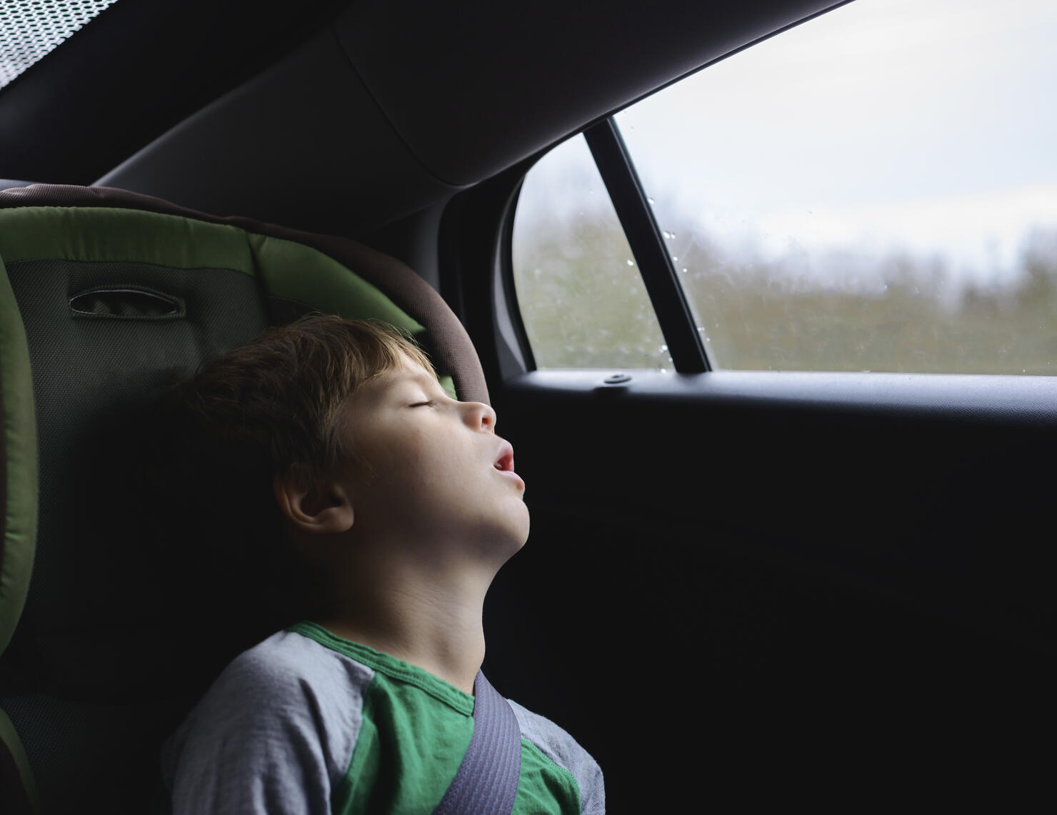 Boy sleeping while traveling in car