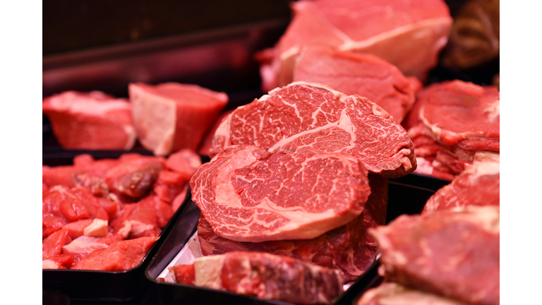 fresh sausage and meat in the bar for sale in the supermarket