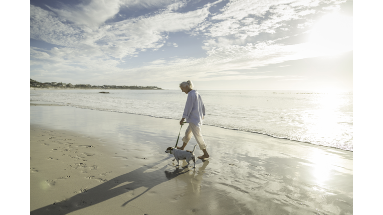 Woman walking her dog on a beach at sunset