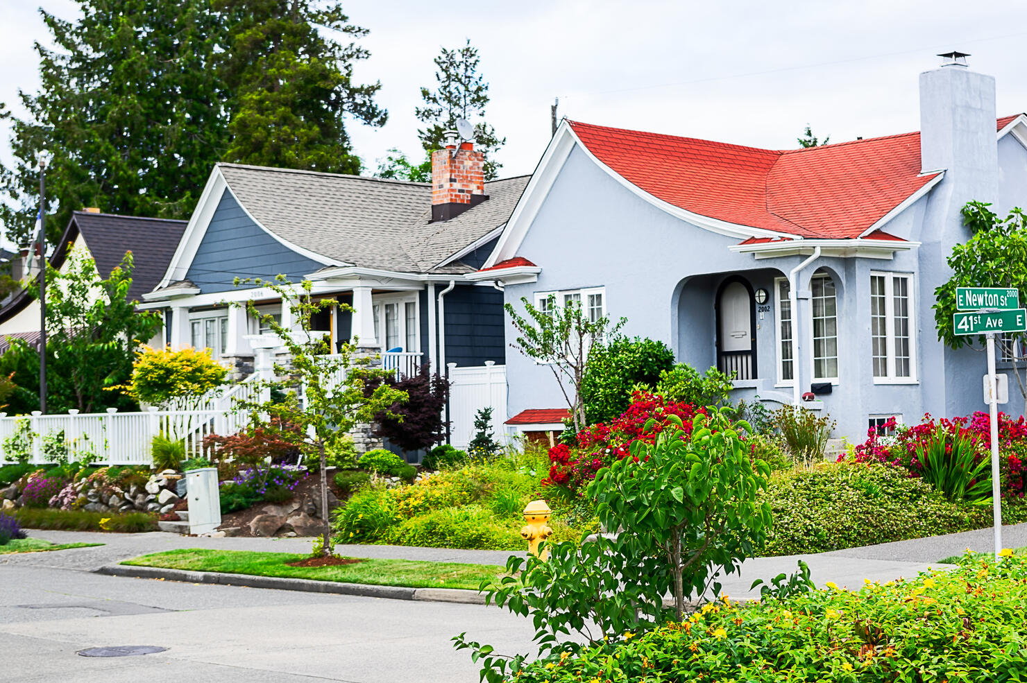 House exterior and front gardens, Madison Park, Seattle, USA