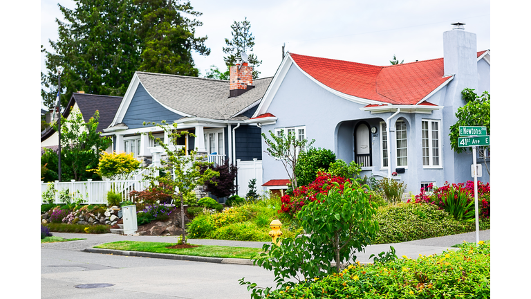 House exterior and front gardens, Madison Park, Seattle, USA