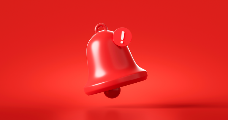 Red danger alarm bell or emergency notifications alert on rescue warning background with security urgency concept. 3D rendering.