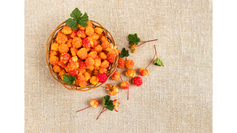 Cloudberry in a basket on a background of burlap. Healthy diet. Collecting forest ripe cloudberries from the forest. Summer berry. Flatlay