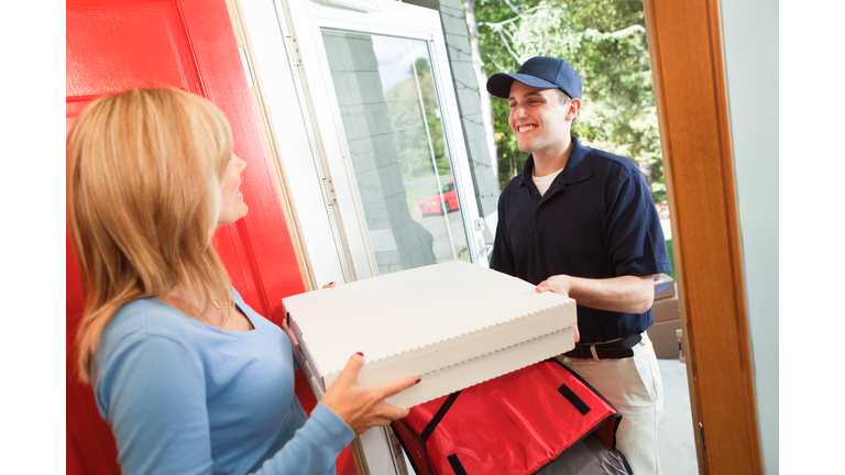 Take-out Pizza Delivery Service Arriving at Customer's Door Hz