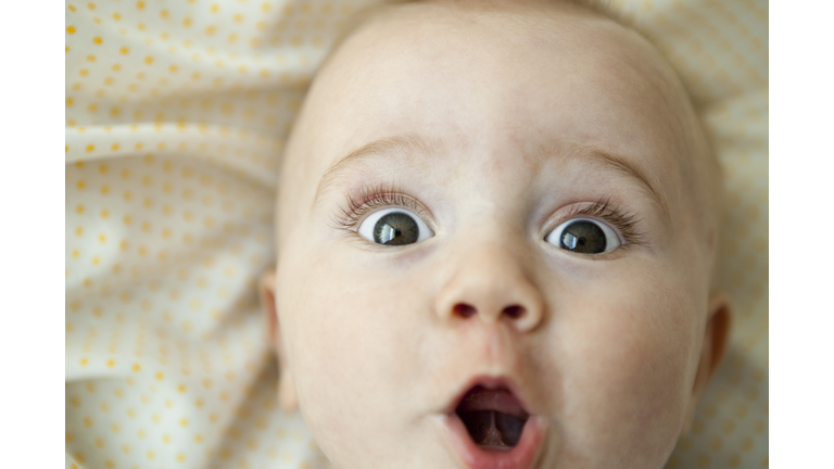 Baby looking at camera with surprised expression, portrait