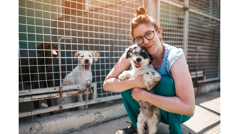 Young woman in animal shelter